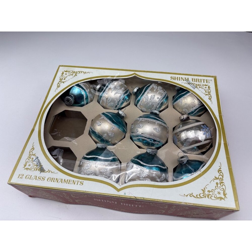 Shiny Brite Vintage Glass Ornaments Teal & Silver Glitter 10-Piece Set Christmas - Picture 12 of 14